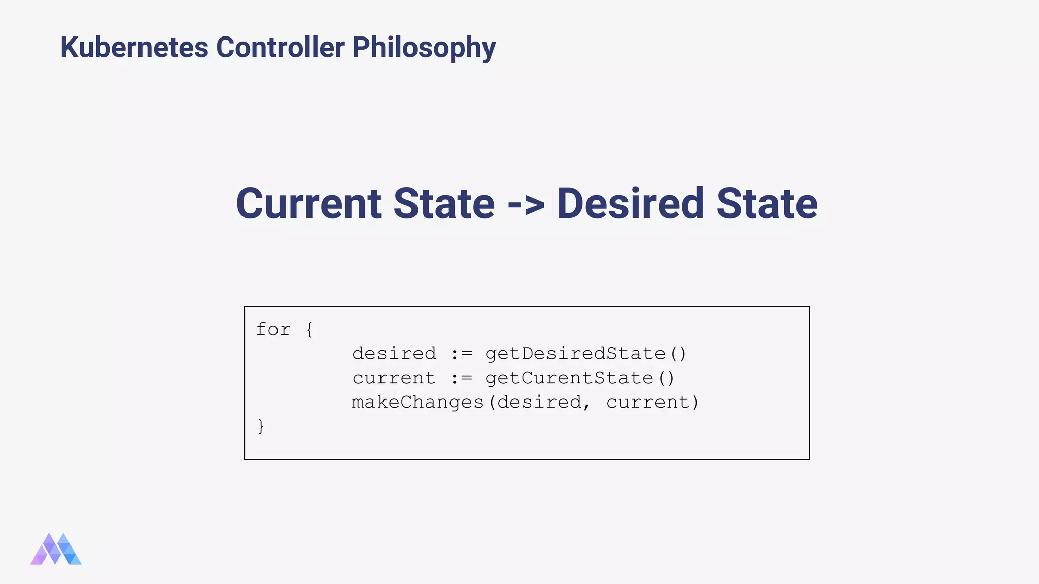 Current State -> Desired State Kubernetes Controller Philosophy for { desired := getDesiredState() current := getCurentState() makeChanges(desired, current) } 