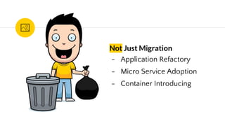 Not Just Migration
- Application Refactory
- Micro Service Adoption
- Container Introducing
 