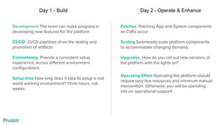 Patches Patching App and System components
as CVEs occur
Scaling Seamlessly scale platform components
to accommodate changing demand.
Upgrades. How do you roll out new versions of
the platform with the lights on?
Operating Effort Operating the platform should
require very few resources and minimum manual
intervention. Otherwise, you will be spending
lots on operational support!
Development The team can make progress in
developing new features for the platform
CI/CD CI/CD pipelines drive the testing and
promotion of artifacts
Consistency Provide a consistent setup
experience, across different environment
configurations.
Setup time How long does it take to setup a real
world working environment? Think hours, not
weeks.
Day 1 - Build Day 2 - Operate & Enhance
 