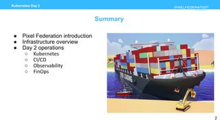 www.pixelfederation.com
Kubernetes Day 2
Summary
● Pixel Federation introduction
● Infrastructure overview
● Day 2 operations
○ Kubernetes
○ CI/CD
○ Observability
○ FinOps
2
 