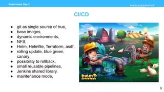 www.pixelfederation.com
Kubernetes Day 2
CI/CD
● git as single source of true,
● base images,
● dynamic environments,
● NFS,
● Helm, Helmfile, Terraform, asdf,
● rolling update, blue green,
canary
● possibility to rollback,
● small reusable pipelines,
● Jenkins shared library,
● maintenance mode,
9
 