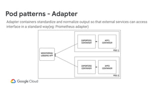 Pod patterns - Adapter
Adapter containers standardize and normalize output so that external services can access
interface in a standard way(eg: Prometheus adapter)
 