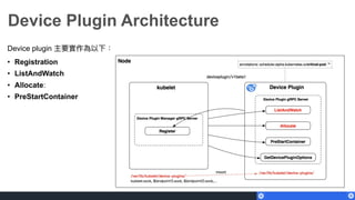 Device Plugin Architecture
Device plugin 主要實作為以下：
• Registration
• ListAndWatch
• Allocate:
• PreStartContainer
 