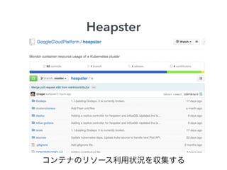 Heapster
コンテナのリソース利用状況を収集する
 
