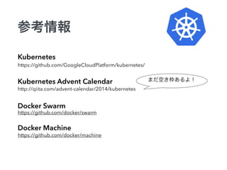参考情報
Kubernetes
https://github.com/GoogleCloudPlatform/kubernetes/
Kubernetes Advent Calendar
Docker Swarm
https://github.com/docker/swarm
Docker Machine
https://github.com/docker/machine
http://qiita.com/advent-calendar/2014/kubernetes
まだ空き枠あるよ！
 