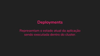 Deployments
Representam o estado atual da aplicação
sendo executada dentro do cluster.
 