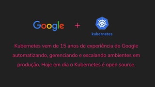 Kubernetes vem de 15 anos de experiência do Google
automatizando, gerenciando e escalando ambientes em
produção. Hoje em dia o Kubernetes é open source.
+
 