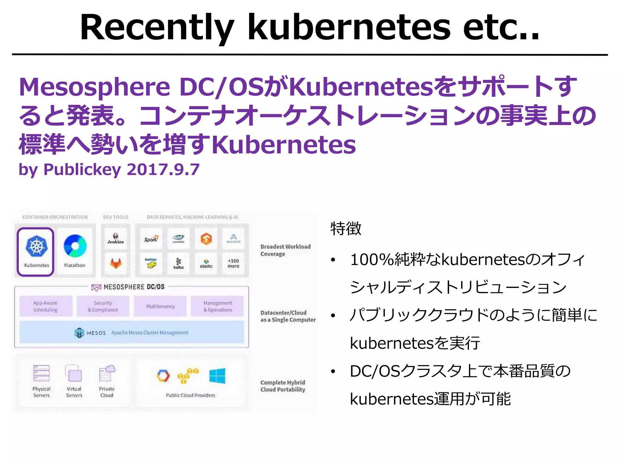 Recently kubernetes etc..
Mesosphere DC/OSがKubernetesをサポートす
ると発表。コンテナオーケストレーションの事実上の
標準へ勢いを増すKubernetes
by Publickey 2017.9.7
• 100%純粋なkubernetesのオフィ
シャルディストリビューション
• パブリッククラウドのように簡単に
kubernetesを実行
• DC/OSクラスタ上で本番品質の
kubernetes運用が可能
特徴
 
