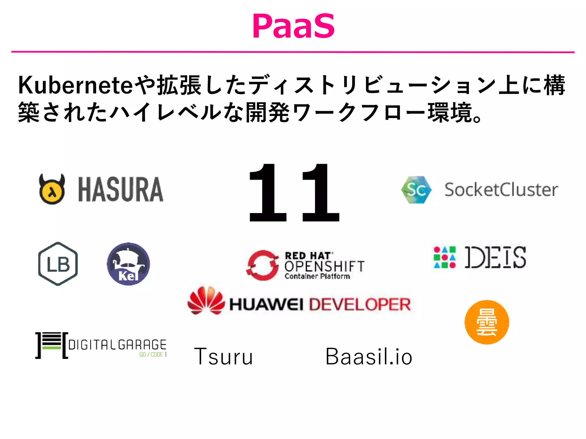 PaaS
11
Baasil.ioTsuru
Kuberneteや拡張したディストリビューション上に構
築されたハイレベルな開発ワークフロー環境。
 
