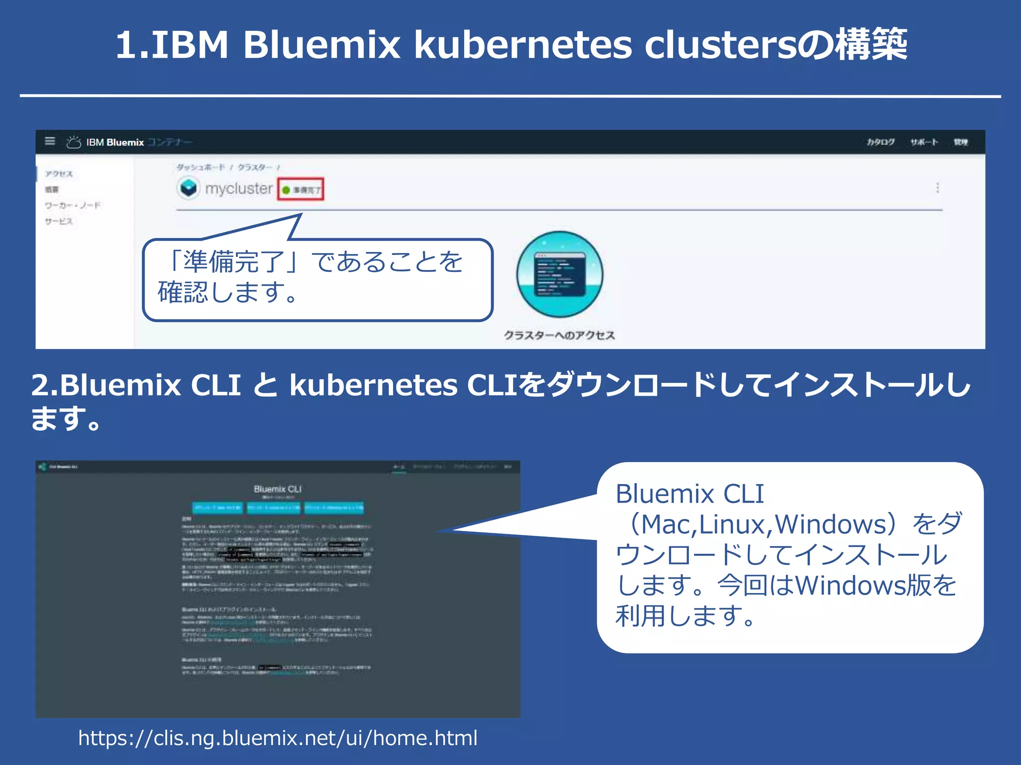 「準備完了」であることを
確認します。
2.Bluemix CLI と kubernetes CLIをダウンロードしてインストールし
ます。
Bluemix CLI
（Mac,Linux,Windows）をダ
ウンロードしてインストール
します。今回はWindows版を
利用します。
https://clis.ng.bluemix.net/ui/home.html
1.IBM Bluemix kubernetes clustersの構築
 
