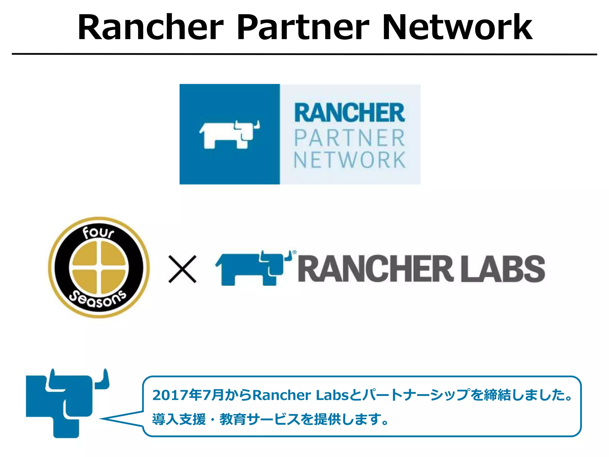 Rancher Partner Network
2017年7月からRancher Labsとパートナーシップを締結しました。
導入支援・教育サービスを提供します。
 