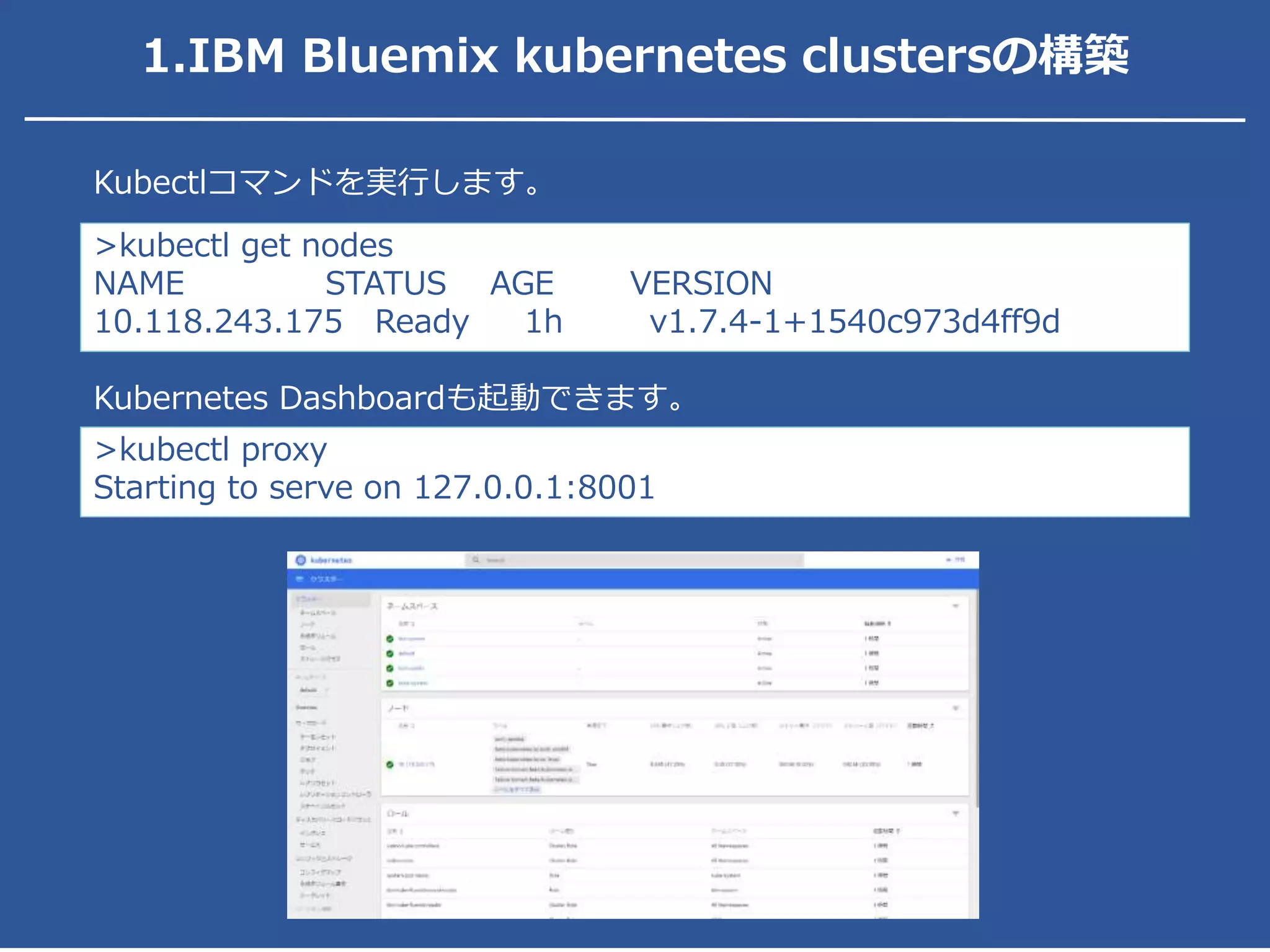 >kubectl get nodes
NAME STATUS AGE VERSION
10.118.243.175 Ready 1h v1.7.4-1+1540c973d4ff9d
Kubectlコマンドを実行します。
>kubectl proxy
Starting to serve on 127.0.0.1:8001
Kubernetes Dashboardも起動できます。
1.IBM Bluemix kubernetes clustersの構築
 