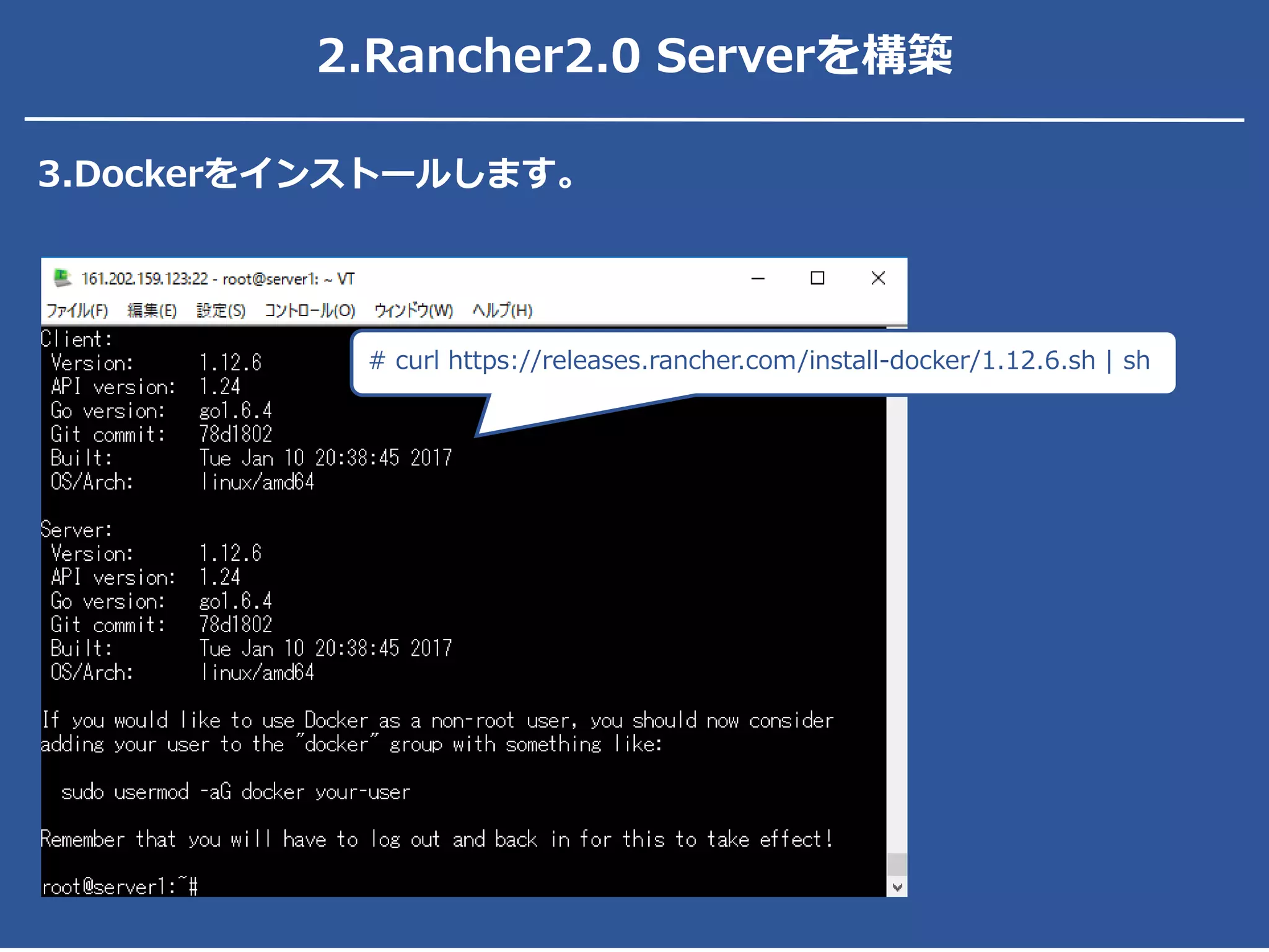 2.Rancher2.0 Serverを構築
# curl https://releases.rancher.com/install-docker/1.12.6.sh | sh
3.Dockerをインストールします。
 