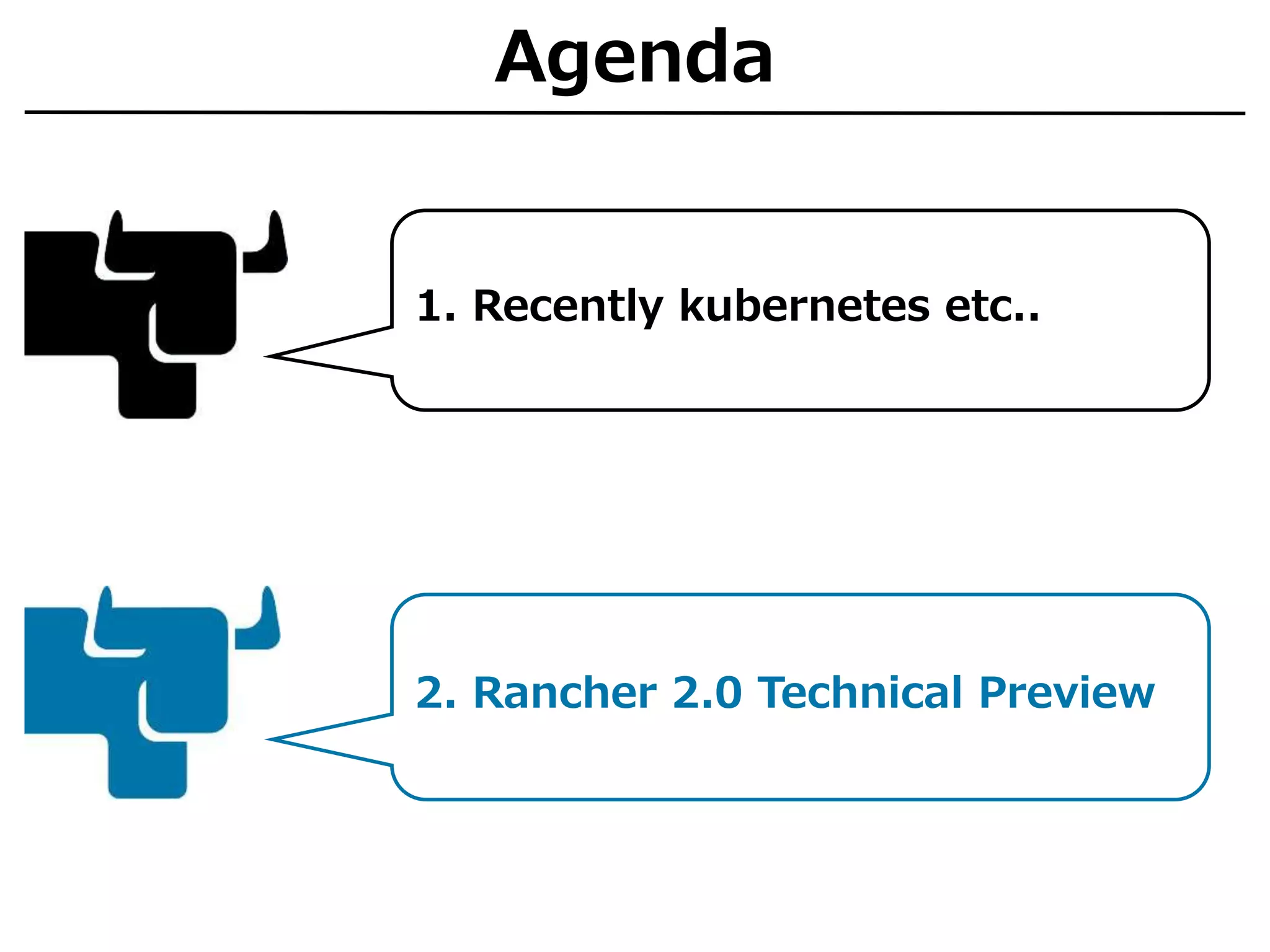 1. Recently kubernetes etc..
2. Rancher 2.0 Technical Preview
Agenda
 