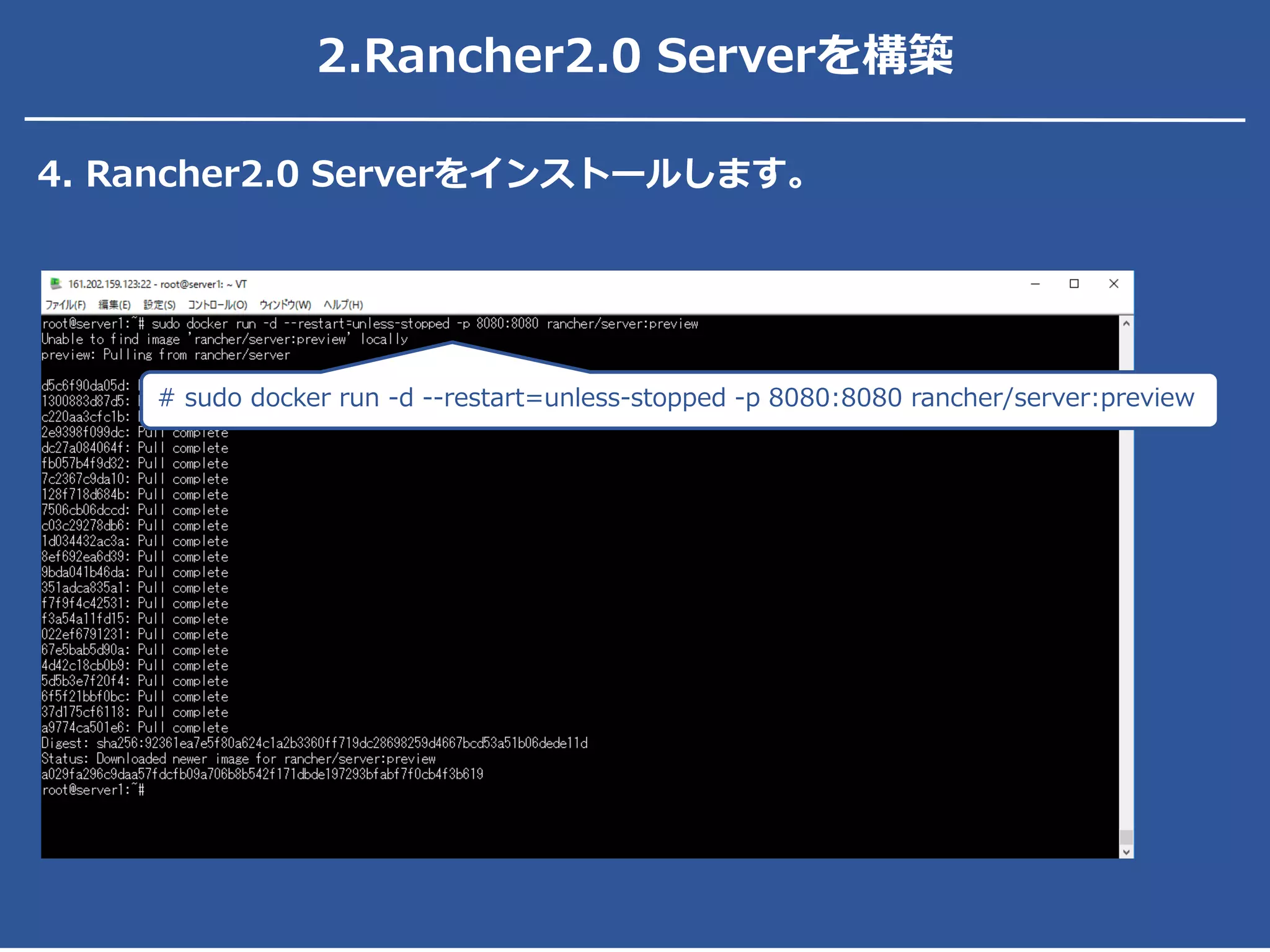 2.Rancher2.0 Serverを構築
# sudo docker run -d --restart=unless-stopped -p 8080:8080 rancher/server:preview
4. Rancher2.0 Serverをインストールします。
 