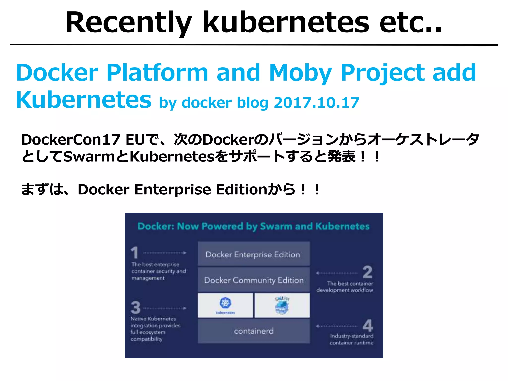 Recently kubernetes etc..
Docker Platform and Moby Project add
Kubernetes by docker blog 2017.10.17
DockerCon17 EUで、次のDockerのバージョンからオーケストレータ
としてSwarmとKubernetesをサポートすると発表！！
まずは、Docker Enterprise Editionから！！
 