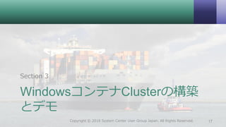 WindowsコンテナClusterの構築
とデモ
Section 3
17Copyright © 2018 System Center User Group Japan. All Rights Reserved.
 