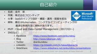 自己紹介
• 名前：金井 崇
• 所属：株式会社フロンティア
• 仕事：IaaSのインフラ設計・構築・運用・提案を担当
• 興味：最近はKubernetes、コンテナなどコンピューティングの
最適な利用方法に興味があります。
• MVP：Cloud and Data Center Management (2017/03～)
• SNSなど：
• Facebook https://www.facebook.com/anikundesu
• Blog http://www.takanyan.net/
• Twitter @anikundesu
• LinkedIn https://jp.linkedin.com/in/takashikanai/ja
• SlideShare https://www.slideshare.net/anikundesu/presentations
2Copyright © 2018 System Center User Group Japan. All Rights Reserved.
 