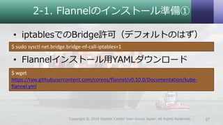 2‐1. Flannelのインストール準備①
• iptablesでのBridge許可（デフォルトのはず）
• Flannelインストール用YAMLダウンロード
27Copyright © 2018 System Center User Group Japan. All Rights Reserved.
$ sudo sysctl net.bridge.bridge-nf-call-iptables=1
$ wget
https://raw.githubusercontent.com/coreos/flannel/v0.10.0/Documentation/kube-
flannel.yml
 