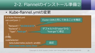 2‐2. Flannelのインストール準備②
• Kube-flannel.ymlの変更
28Copyright © 2018 System Center User Group Japan. All Rights Reserved.
$ vi kube-flannel.yml
net-conf.json: |
{
"Network": "10.244.0.0/16",
"Backend": {
"Type": “host-gw"
}
(中略)
nodeSelector:
beta.kubernetes.io/arch: amd64
beta.kubernetes.io/os: linux
追記
Cluster-CIDRと同じであることを確認
デフォルトの”vxlan”から
”host-gw”に修正
 