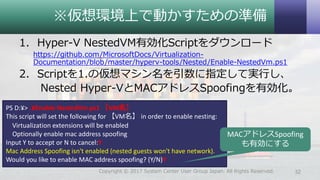 ※仮想環境上で動かすための準備
1. Hyper-V NestedVM有効化Scriptをダウンロード
https://github.com/MicrosoftDocs/Virtualization-
Documentation/blob/master/hyperv-tools/Nested/Enable-NestedVm.ps1
2. Scriptを1.の仮想マシン名を引数に指定して実行し、
Nested Hyper-VとMACアドレスSpoofingを有効化。
32Copyright © 2017 System Center User Group Japan. All Rights Reserved.
PS D:¥> .¥Enable-NestedVm.ps1 【VM名】
This script will set the following for 【VM名】 in order to enable nesting:
Virtualization extensions will be enabled
Optionally enable mac address spoofing
Input Y to accept or N to cancel:Y
Mac Address Spoofing isn't enabled (nested guests won't have network).
Would you like to enable MAC address spoofing? (Y/N)Y
MACアドレスSpoofing
も有効にする
 