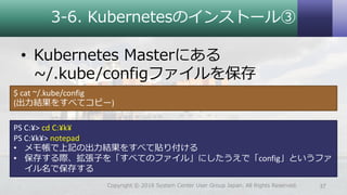 3-6. Kubernetesのインストール③
• Kubernetes Masterにある
~/.kube/configファイルを保存
37Copyright © 2018 System Center User Group Japan. All Rights Reserved.
PS C:¥> cd C:¥k¥
PS C:¥k¥> notepad
• メモ帳で上記の出力結果をすべて貼り付ける
• 保存する際、拡張子を「すべてのファイル」にしたうえで「config」というファ
イル名で保存する
$ cat ~/.kube/config
(出力結果をすべてコピー)
 
