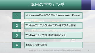 本日のアジェンダ
WindowsコンテナClusterのアーキテクチャ実装2
WindowsコンテナClusterの構築とデモ3
まとめ：今後の開発4
MicroserviceアーキテクチャとKubernetes、Flannel1
4Copyright © 2018 System Center User Group Japan. All Rights Reserved.
 