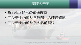実際のデモ
• Service IPへの疎通確認
• コンテナ内部から外部への疎通確認
• コンテナ内部からの名前解決
40Copyright © 2018 System Center User Group Japan. All Rights Reserved.
 