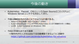 今後の動き
• Kubernetes、Flannel、CNIといったOpen Sourceエコシステムに
Windows Serverコンテナも対応してきた。
• 今後は機能拡充のために以下のような計画がある。
– Network Policy制御に対応するCalicoへの対応
– KubernetesのHyper-Vコンテナ対応(Kubernetes v1.10で実験的サポート開始)
– LCOW（Linux Container on Windows）対応
• 今回の手順もまだまだ面倒
⇒海外MVPの人がAnsibleで全自動構築できるように活動中
https://github.com/ptylenda/kubernetes-for-windows
44Copyright © 2018 System Center User Group Japan. All Rights Reserved.
 