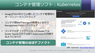 コンテナ管理ソフト：Kubernetes
8Copyright © 2018 System Center User Group Japan. All Rights Reserved.
出典：Kubernetes https://kubernetes.io/
• Googleが2014年から公開したコンテナ管理用の
オープンソースソフトウェア
• コンテナ間NWやStorageの管理などを行う
Management Planeソフトウェア
• コンテナのデファクトになったDockerでは
Docker SwarmだけではなくKubernetesも同梱す
るようになった
コンテナ管理のほぼデファクト
 