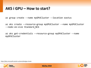 SQLDay 2018
AKS i GPU – How to start?
az group create --name myGPUCluster --location eastus
az aks create --resource-group myGPUCluster --name myGPUCluster
--node-vm-size Standard_NC6
az aks get-credentials --resource-group myGPUCluster --name
myGPUCluster
https://docs.microsoft.com/en-us/azure/aks/gpu-cluster
 