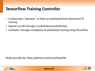 SQLDay 2018
Tensorflow Training Controller
• A Kubernetes “operator” to help run distributed/non-distributed TF
training.
• Exposes an API through a CustomResourceDefinition
• Controller manages complexity of distributed training using Tensorflow.
Made possible by: https://github.com/tensorflow/k8s
 