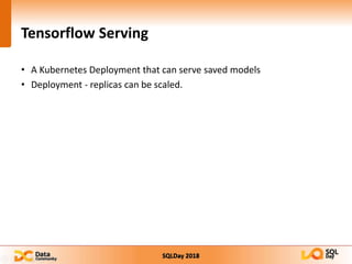 SQLDay 2018
Tensorflow Serving
• A Kubernetes Deployment that can serve saved models
• Deployment - replicas can be scaled.
 