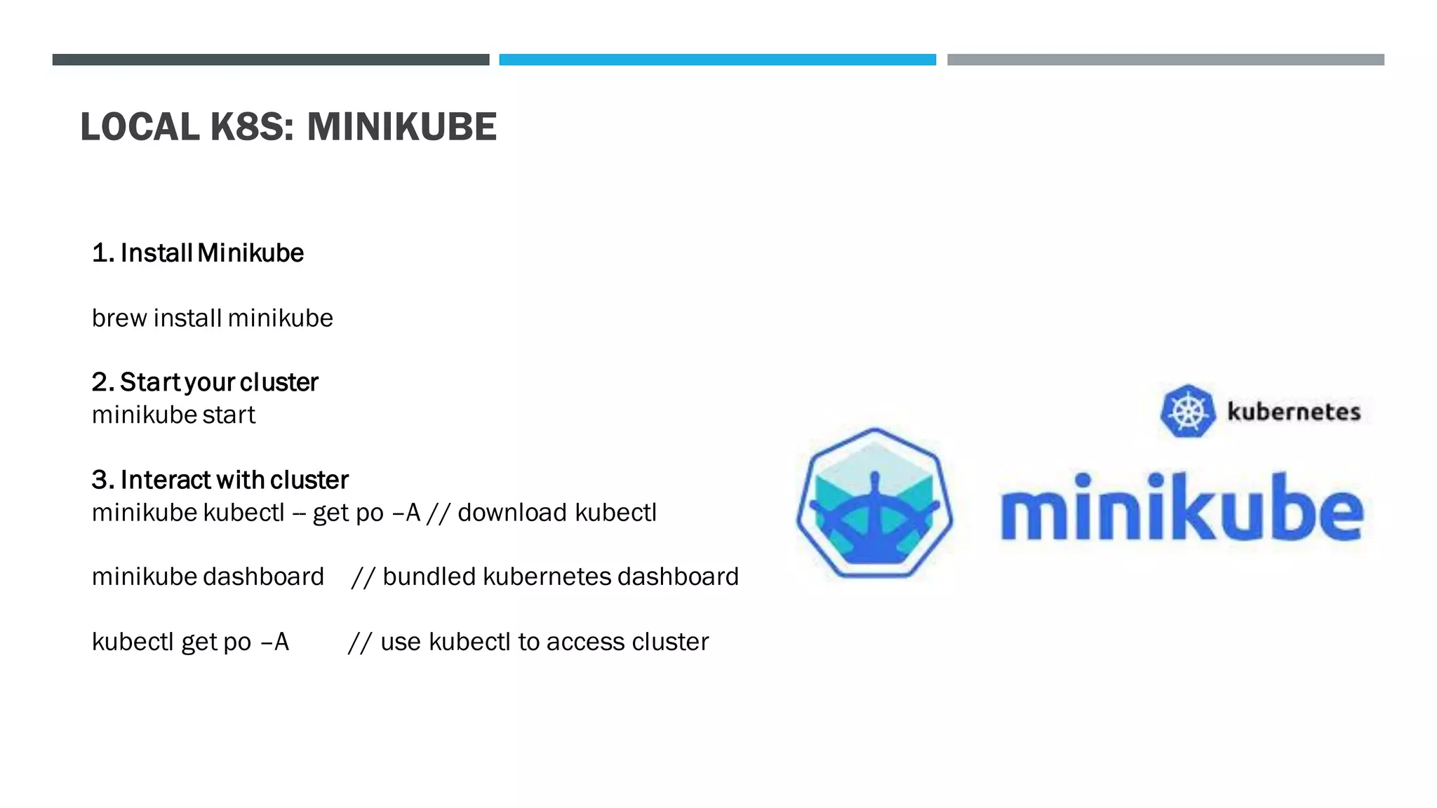 LOCAL K8S: MINIKUBE
1. InstallMinikube
brew install minikube
2. Start your cluster
minikube start
3. Interact with cluster
minikube kubectl -- get po –A // download kubectl
minikube dashboard // bundled kubernetes dashboard
kubectl get po –A // use kubectl to access cluster
 
