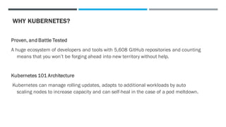 WHY KUBERNETES?
Proven, and Battle Tested
A huge ecosystem of developers and tools with 5,608 GitHub repositories and counting
means that you won’t be forging ahead into new territory without help.
Kubernetes 101 Architecture
Kubernetes can manage rolling updates, adapts to additional workloads by auto
scaling nodes to increase capacity and can self-heal in the case of a pod meltdown.
 