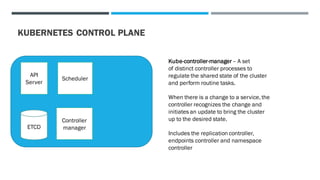 KUBERNETES CONTROL PLANE
ETCD
API
Server
Scheduler
Controller
manager
Kube-controller-manager – A set
of distinct controller processes to
regulate the shared state of the cluster
and perform routine tasks.
When there is a change to a service, the
controller recognizes the change and
initiates an update to bring the cluster
up to the desired state.
Includes the replication controller,
endpoints controller and namespace
controller
 