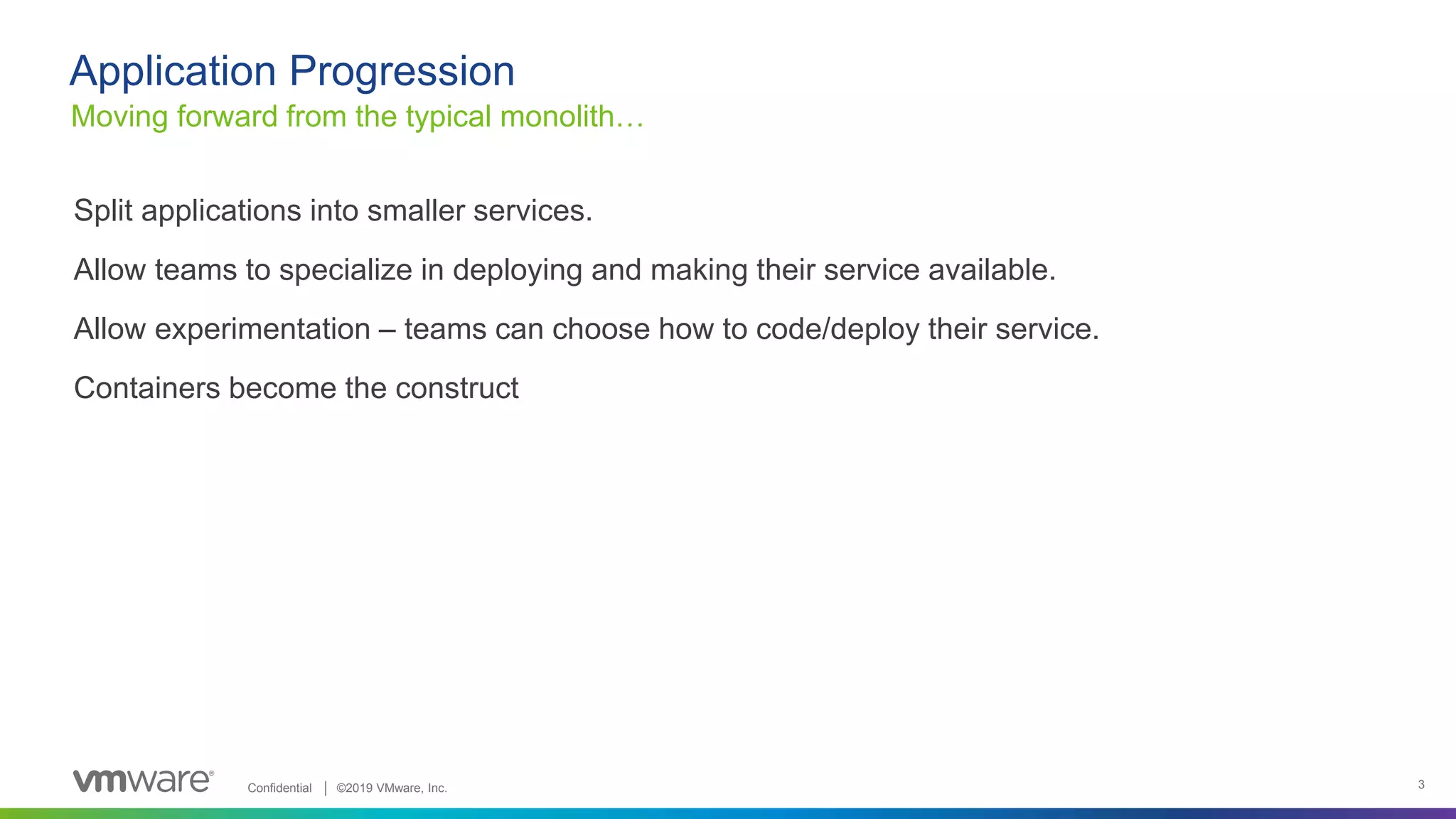 Confidential │ ©2019 VMware, Inc. 3
Split applications into smaller services.
Allow teams to specialize in deploying and making their service available.
Allow experimentation – teams can choose how to code/deploy their service.
Containers become the construct
Moving forward from the typical monolith…
Application Progression
 