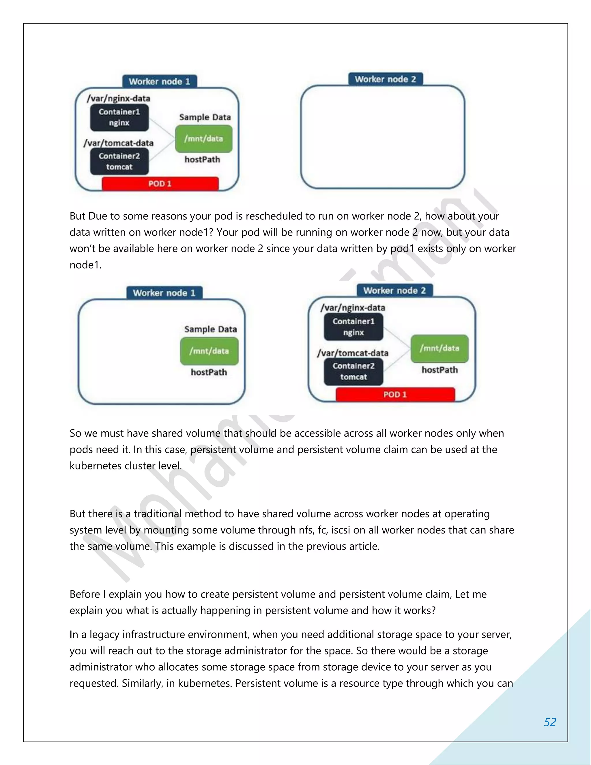 52
But Due to some reasons your pod is rescheduled to run on worker node 2, how about your
data written on worker node1? Your pod will be running on worker node 2 now, but your data
won’t be available here on worker node 2 since your data written by pod1 exists only on worker
node1.
So we must have shared volume that should be accessible across all worker nodes only when
pods need it. In this case, persistent volume and persistent volume claim can be used at the
kubernetes cluster level.
But there is a traditional method to have shared volume across worker nodes at operating
system level by mounting some volume through nfs, fc, iscsi on all worker nodes that can share
the same volume. This example is discussed in the previous article.
Before I explain you how to create persistent volume and persistent volume claim, Let me
explain you what is actually happening in persistent volume and how it works?
In a legacy infrastructure environment, when you need additional storage space to your server,
you will reach out to the storage administrator for the space. So there would be a storage
administrator who allocates some storage space from storage device to your server as you
requested. Similarly, in kubernetes. Persistent volume is a resource type through which you can
 