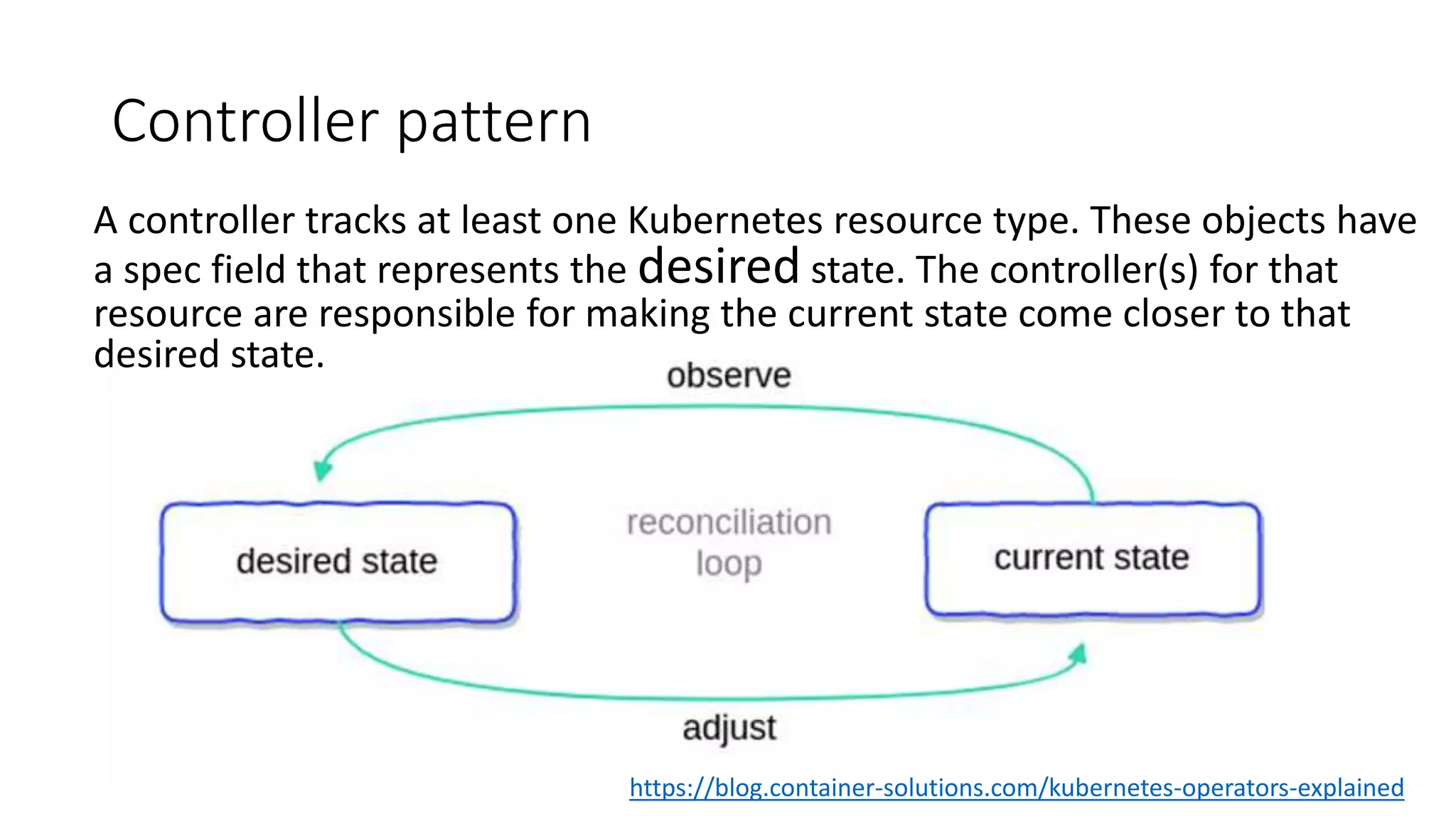 Controller pattern
A controller tracks at least one Kubernetes resource type. These objects have
a spec field that represents the desired state. The controller(s) for that
resource are responsible for making the current state come closer to that
desired state.
https://blog.container-solutions.com/kubernetes-operators-explained
 