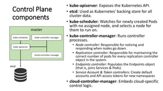 Control Plane
components
• kube-apiserver: Exposes the Kubernetes API.
• etcd: Used as Kubernetes' backing store for all
cluster data.
• kube-scheduler: Watches for newly created Pods
with no assigned node, and selects a node for
them to run on.
• kube-controller-manager: Runs controller
processes.
• Node controller: Responsible for noticing and
responding when nodes go down.
• Replication controller: Responsible for maintaining the
correct number of pods for every replication controller
object in the system.
• Endpoints controller: Populates the Endpoints object
(that is, joins Services & Pods).
• Service Account & Token controllers: Create default
accounts and API access tokens for new namespaces
• cloud-controller-manager: Embeds cloud-specific
control logic.
master
kube-apiserver
kube-controller-managerkube-scheduler
etcd
cloud-controller-manager
 