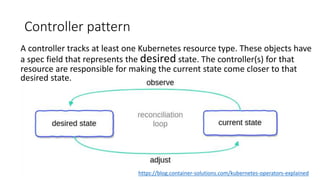 Controller pattern
A controller tracks at least one Kubernetes resource type. These objects have
a spec field that represents the desired state. The controller(s) for that
resource are responsible for making the current state come closer to that
desired state.
https://blog.container-solutions.com/kubernetes-operators-explained
 