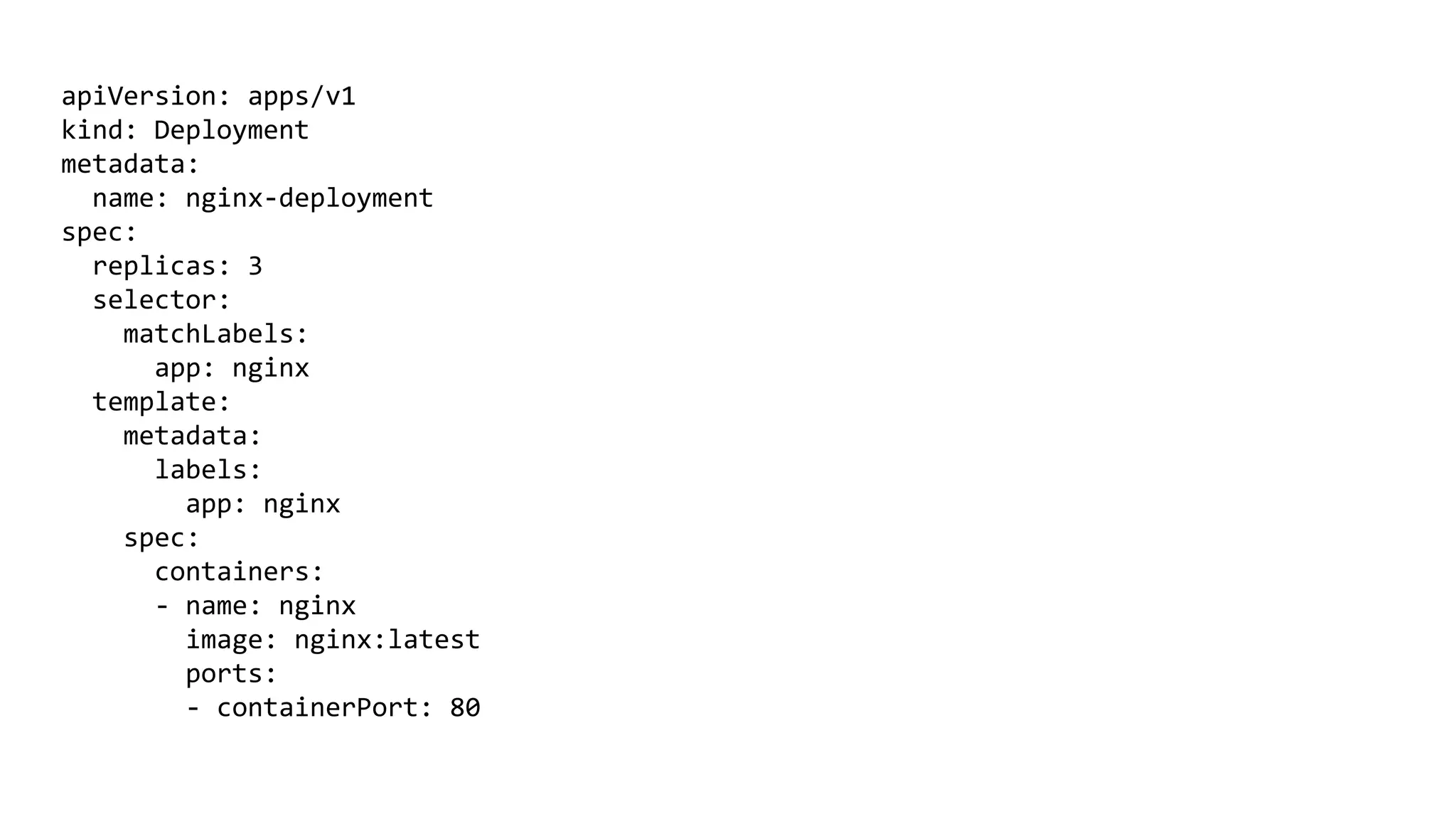 apiVersion: apps/v1 kind: Deployment metadata: name: nginx-deployment spec: replicas: 3 selector: matchLabels: app: nginx template: metadata: labels: app: nginx spec: containers: - name: nginx image: nginx:latest ports: - containerPort: 80 