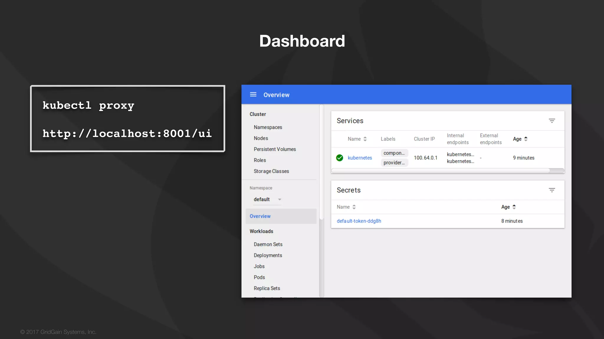 © 2017 GridGain Systems, Inc. kubectl proxy http://localhost:8001/ui Dashboard 