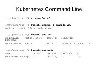Kubernetes Command Line
[root@demohost ~]# vi example.yml
[root@demohost ~]# kubectl create -f example.yml
replicationcont...