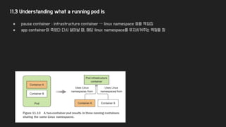 11.3 Understanding what a running pod is
● pause container : infrastructure container → linux namespace 등을 책임짐
● app container이 죽었다 다시 살아날 때, 해당 linux namespace를 유지시켜주는 역할을 함
 