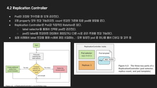 4.2 Replication Controller
● Pod이 지정된 갯수만큼 떠 있게 관리한다.
● 3개 property 모두 변경 가능하지만, count 변경만 기존에 띄운 pod에 영향을 준다.
● Replication Controller은 Pod과 직접적인 Relation은 없다.
○ label selector을 통해서 선택된 pod만 관리한다.
○ pod의 label을 변경하면 대상에서 제외되거나 다른 rc로 관리 주체를 변경 가능하다.
● 실제 사례에서 label 변경을 통해 rc에세 제외 시킬때는.. : 오류 발생한 pod 중 하나를 빼서 디버깅 할 경우 등
 