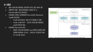 5.1 배경
● 동일 서비스를 제공하는 머신끼리 묶고 싶다 (MSA 등)
● 전통적인 방법 : 클라이언트에서 서버의 IP or
Hostname을 갖고 접속한다.
● K8S에서 아래의 이유때문에 Service라는 Resource
Type을 정의한다.
○ Pod이 임시적이고, 어떤 IP가 할당될 지 모름
○ Scale out될 경우 → 하나의 서비스를 제공하는
pod이 여러개 생김
● K8S에서 Service의 정의
○ 동일한 서비스를 제공하는 pod 집합의 일관된 접근
방법을 제공하는 리소스. : 서비스는 변경되지 않는
IP, Port를 갖는다.
 
