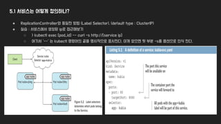 5.1 서비스는 어떻게 정의하나?
● ReplicationController와 동일한 방법 (Label Selector). (default type : ClusterIP)
● 실습 : 서비스에서 생성된 ip로 접근해보기
○ > kubectl exec [pod_id] -- curl -s http://[service ip]
○ 여기서 ‘--’ 는 kubectl 명령어의 끝을 명시적으로 표시한다. 이게 없으면 뒷 부분 -s를 옵션으로 인식 한다.
 