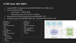 5.2 외부 Cluster 서비스 연결하기
● Endpoint를 이용 (** Endpoint는 Service에 종속된 프로퍼티가 아닌, 독립된 리소스!!)
● service endpoint 정의 방법
○ Label selector → 자동으로 정의됨
○ Manual Define (with service without a selector)
● Endpoint정의 방식의 변경으로 pod의 실행 cluster변경을 반영할 수 있다.
● ExterName type의 Service를 통해서 연결도 가능 ⇒ 외부 연결 서비스를 추상화 할 수 있다.
apiVersion: v1
kind: Service
metadata:
name: external-service
spec:
ports:
- port: 80
kind: Endpoints
metadata:
name: external-service
subsets:
- addresses:
- ip: 11.11.11.11
- ip: 22.22.22.22
ports:
- port: 80
apiVersion: v1
kind: Service
metadata:
name: external-service
spec:
type: ExternalName
externalName:
api.somecompany.com
ports:
- port: 80
 