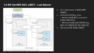 5.3 외부 Client에게 서비스 노출하기 - Load Balancer
● LB <-> k8S Cluster 간 설정은 어떻게
진행될까?
● externalTrafficPolicy: Local
→ Network Hop을 줄이고, source ip가
유지되는 장점이 있으나,
→ 해당 local node에 pod이 죽었다면 hang
걸리고, lb가 균등하게 되지 않는 단점이 있다.
● 그럼 source IP를 유지하는 방법은??
 